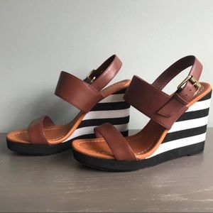 Kate Spade Wedge Sandals (tan, black and white)